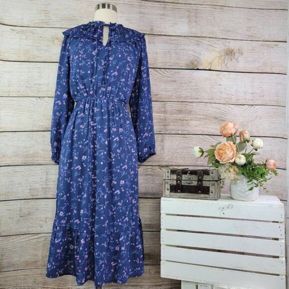 Collective Concepts Women Midi‎ Dress Floral Print Long Sleeve Blue Medium NWT
